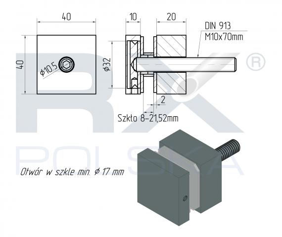Foto Soporte para vidrio 40x40mm, dist. 20mm, AISI 304, SATINADO