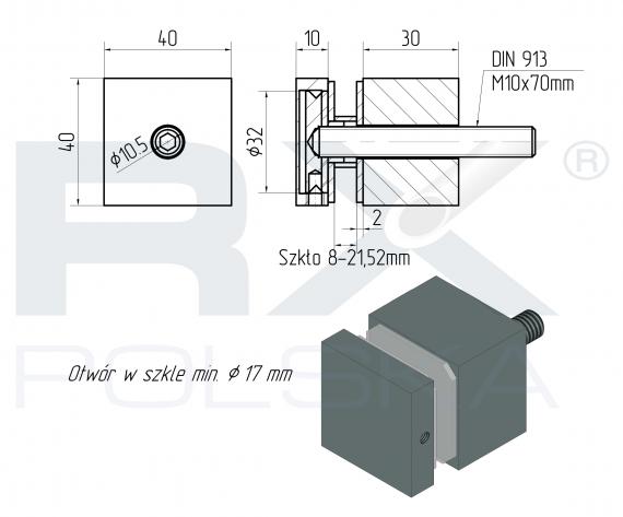 Foto Soporte para vidrio 40x40mm, dist. 30mm, AISI 304, SATINADO