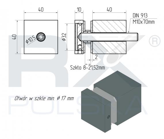 Foto Soporte para vidrio 40x40mm, dist. 40mm, AISI 304, SATINADO