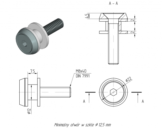 Foto Tornillo para vidrio Ø 22 mm, AISI 304, SATINADO