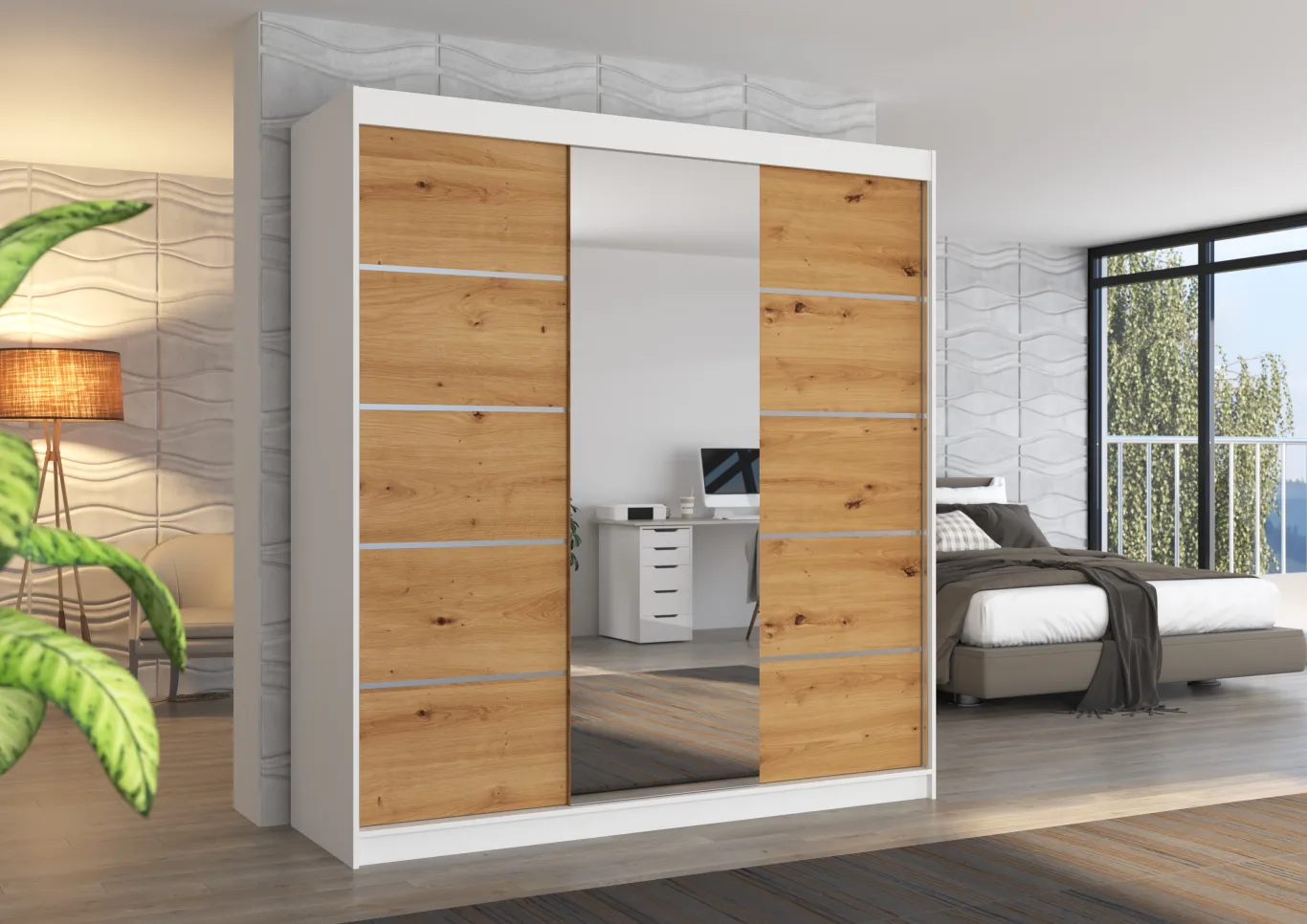 ARMARIO CON ESPEJO PUERTA CORREDERA 215X200X58 CM 2 PUERTAS COLOR ARTISAN/BLANCO BERGEN