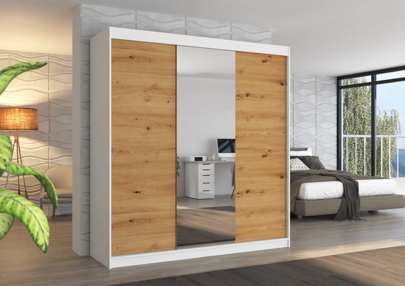 ARMARIO CON ESPEJO PUERTA CORREDERA 215X200X58 CM 2 PUERTAS COLOR BLANCO/ARTISAN SANTIAGO