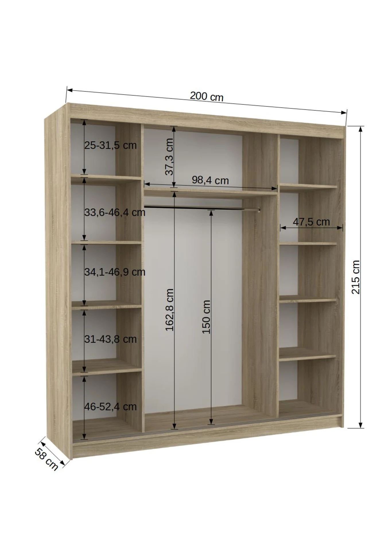 ARMARIO CON ESPEJO PUERTA CORREDERA 215X200X58 CM 2 PUERTAS COLOR BLANCO/ARTISAN SANTIAGO