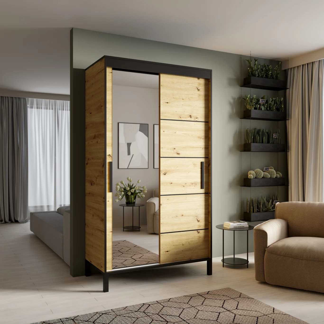 Armario con puertas correderas - 120 cm Roble Artisan / Negro BELL-M