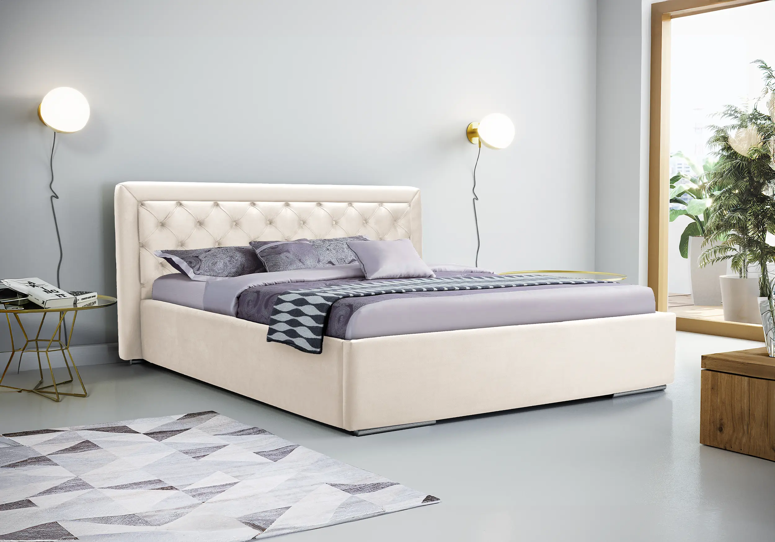 Cama, cabecero, estructura de metal, elevación a gas, compartimento almacenamiento - MADERA Beige, 160 x 200cm