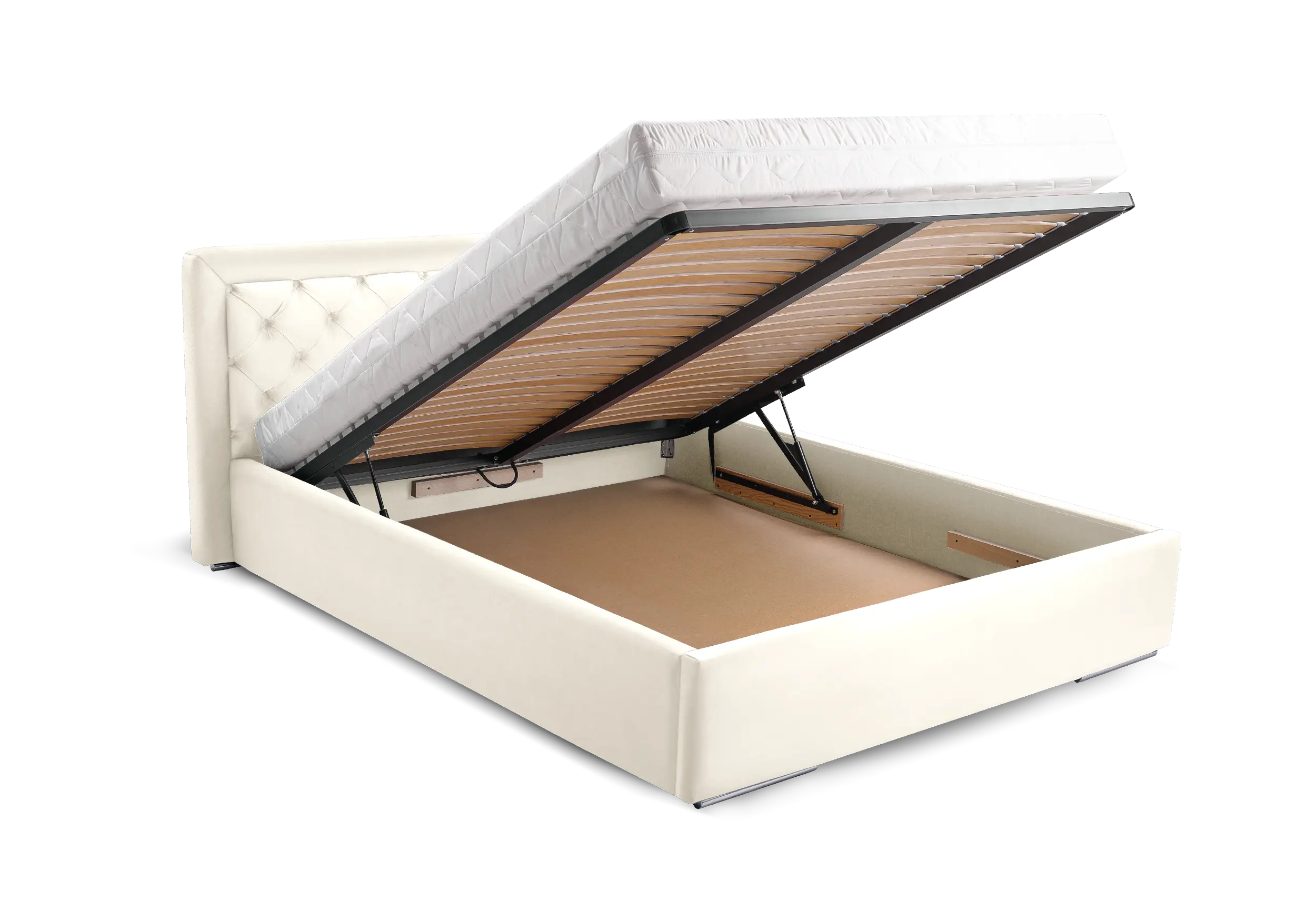 Cama, cabecero, estructura de metal, elevación a gas, compartimento almacenamiento - MADERA Beige, 160 x 200cm