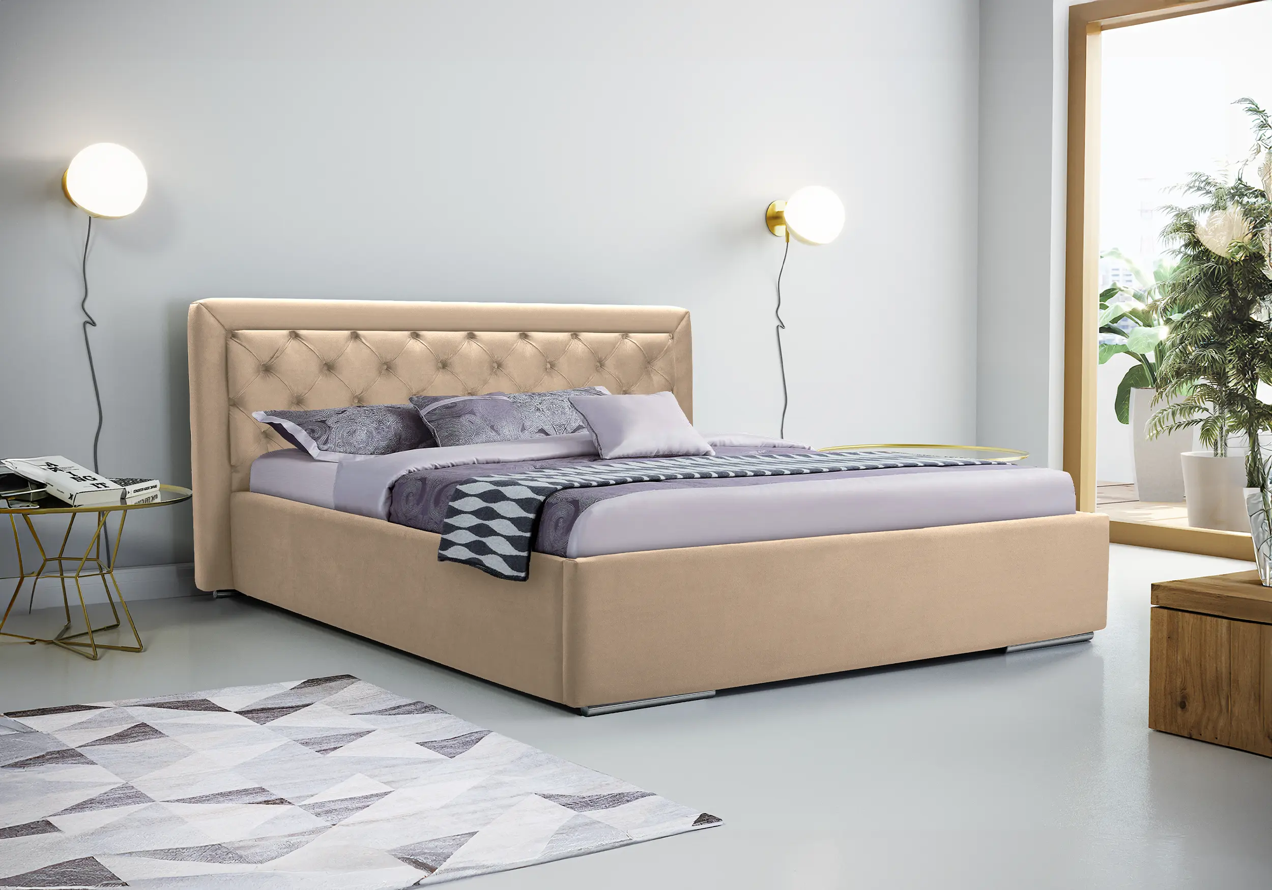 Cama, cabecero, estructura de metal, elevación a gas, compartimento almacenamiento - MADERA 160 x 200cm