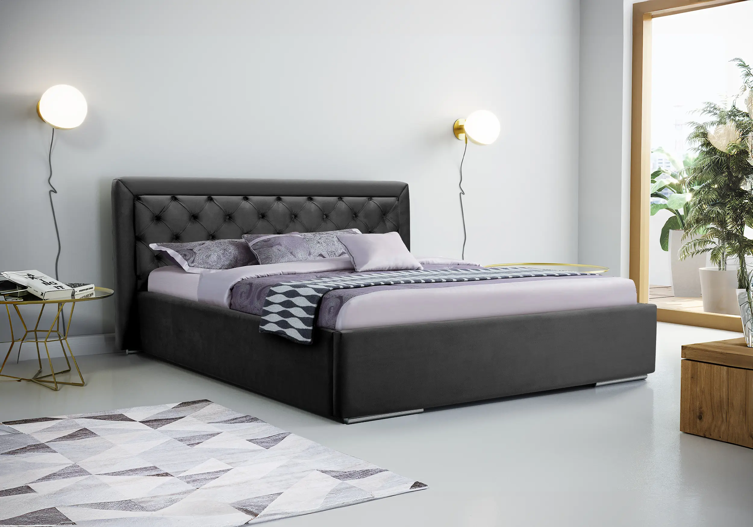 Cama, cabecero, estructura de metal, elevación a gas, compartimento almacenamiento - MADERA Negro, 160 x 200cm