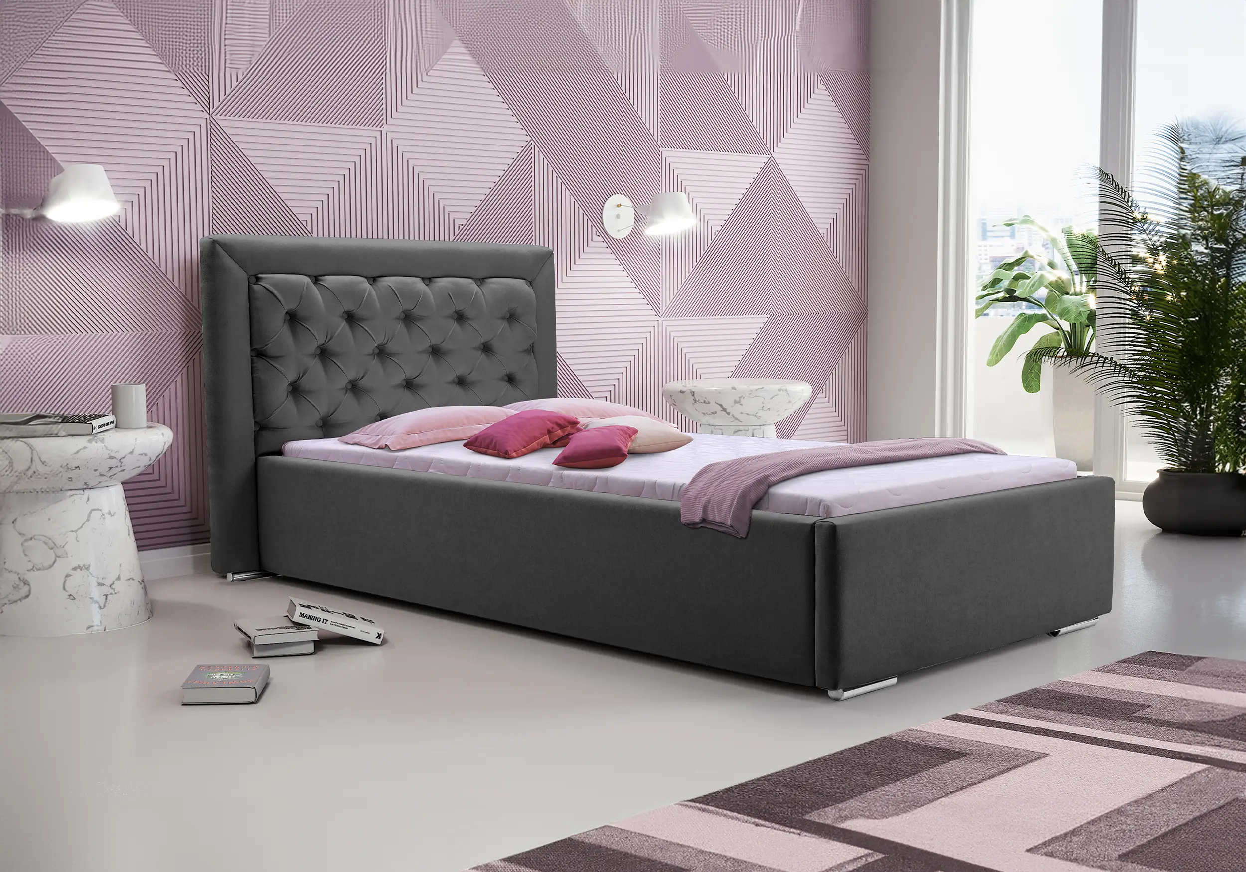 Cama+cabecero - MADERA, Negro, 90 x 200cm