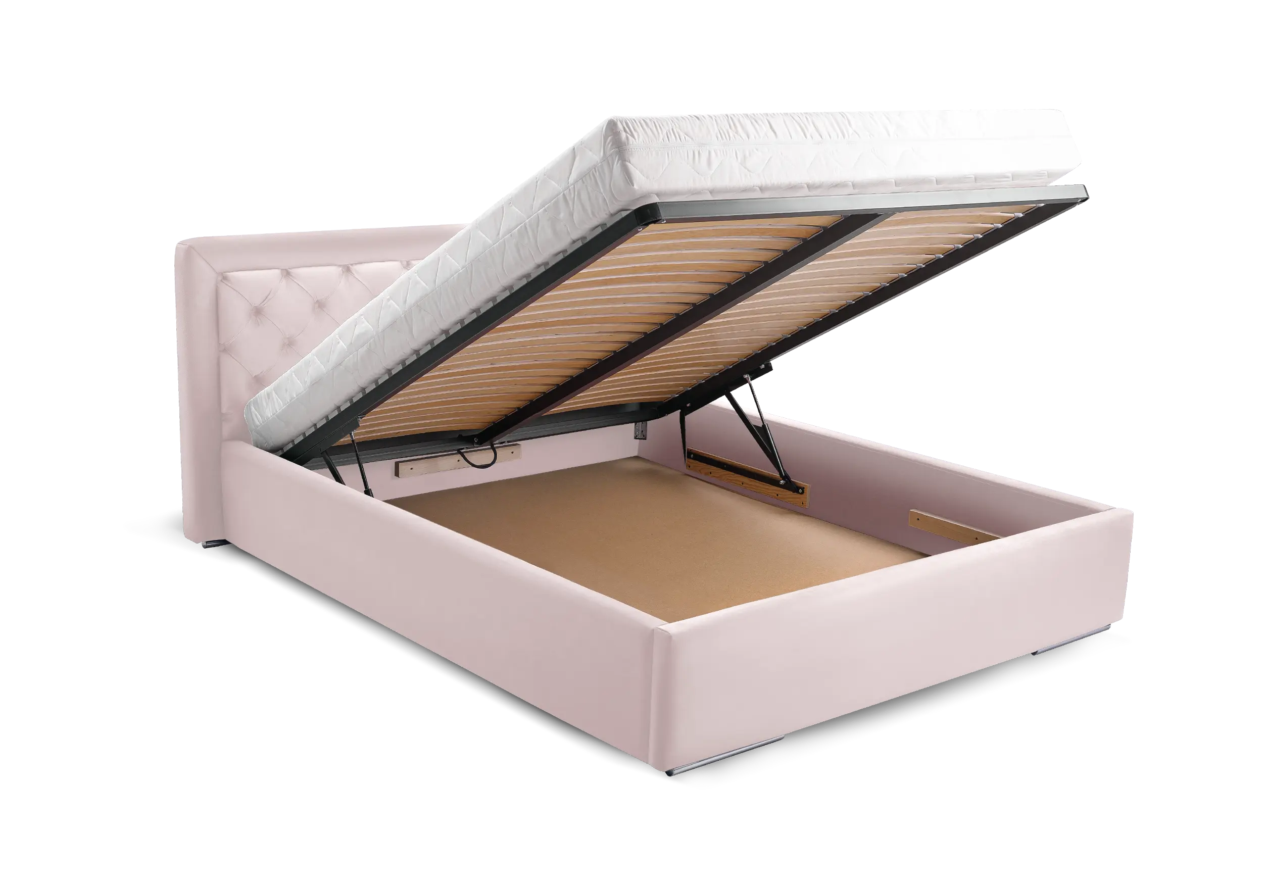 Cama, cabecero, estructura de metal, elevación a gas, compartimento almacenamiento - MADERA Rosa, 160 x 200cm