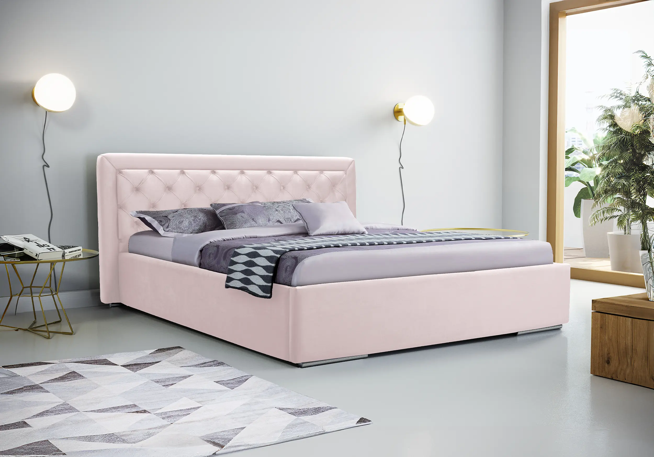 Cama, cabecero, estructura de metal, elevación a gas, compartimento almacenamiento - MADERA Rosa, 160 x 200cm