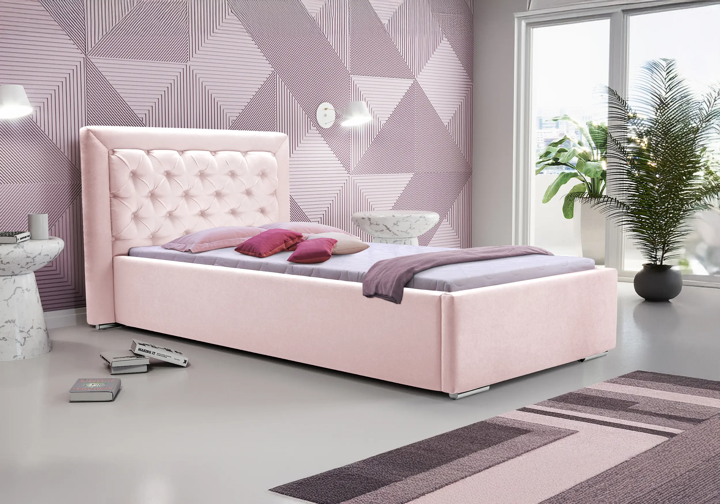 Cama+cabecero - MADERA, Rosa, 90 x 200cm