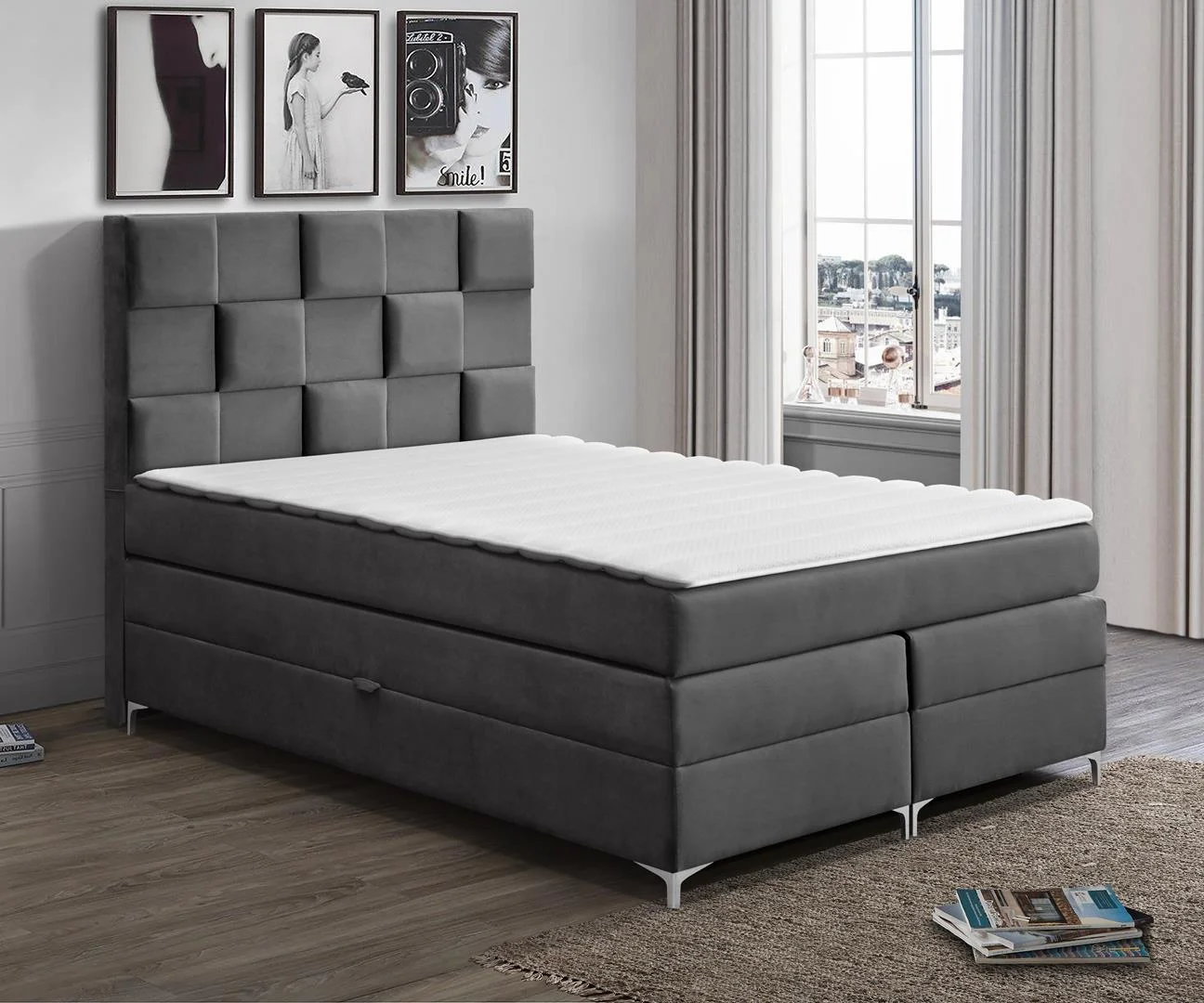 CAMA CONTINENTAL BOXSPRING I TAPIZADA I CON ARCONES I COLCHÓN DOBLE I CABECERO I TOPPER I MALIBU 3D GRIS OSCURO
