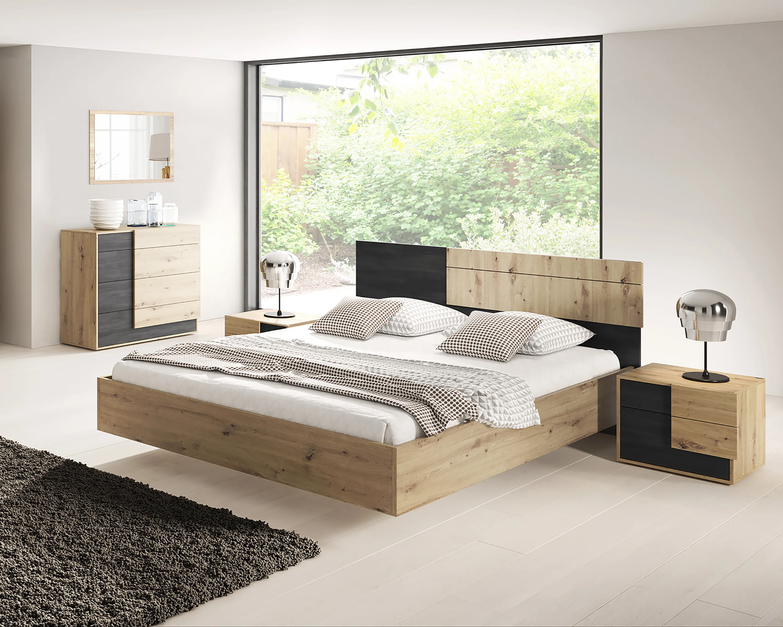 Mesita de noche – BAFRA, roble artesanal + pino negro noruego