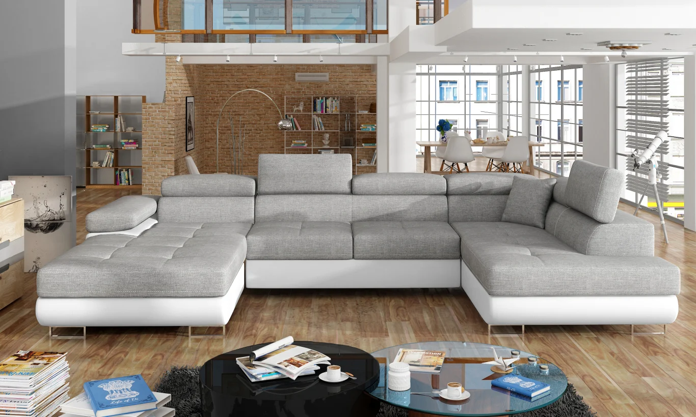 SOFÁ CAMA CON ARCÓN FORMA DE U REPOSACABEZAS RECLINABLES 345 CM X 202 RODRIGO GRIS TELA/POLIPIEL BLANCO