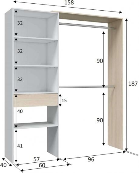 Foto Armario-vestidor con estantes y un cajón REF: 0R8558O - HERA, Roble/Blanco