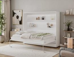 Cama abatible 140 x 200 cm - Apertura horizontal manual - Con LEDs - blanco + Colchón - DEVESTO