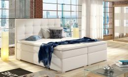 Cama Boxspring tapizada, con colchón, cabecero y topper – Inez, Blanco/Polipiel