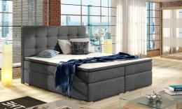 Cama Boxspring tapizada, con colchón, cabecero y topper – Inez, Gris oscuro/Tela