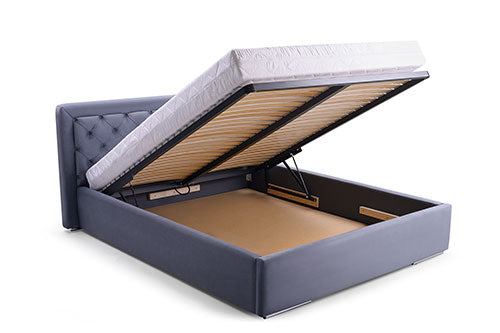 Photo Bed, headboard, metal frame, gas lift, storage compartment - WOOD Gray, 160 x 200 cm