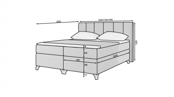 Photo Bed with LED lights, upholstered, with storage boxes, mattress, headboard and topper 140/160/180 x 200cm – Basilio, Gray