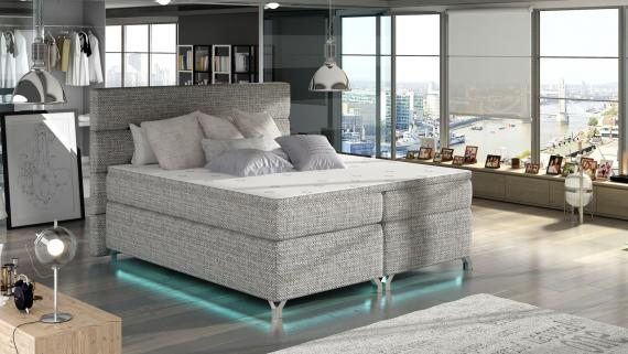 Photo Bed with LED lights, upholstered, with storage boxes, mattress, headboard and topper 140/160/180 x 200cm – Basilio, Gray