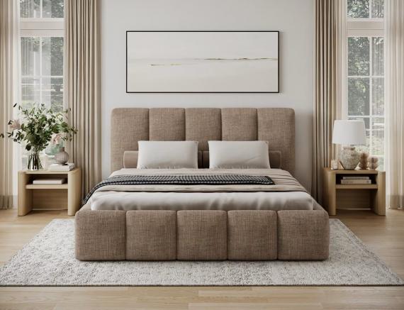 Foto Cama con somier de madera, sistema elevador de gas y arcón de almacenamiento EDVIGE Beige