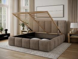 Cama con somier de madera, sistema elevador de gas y arcón de almacenamiento EDVIGE Beige