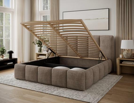 Foto Cama con somier de madera, sistema elevador de gas y arcón de almacenamiento EDVIGE Beige