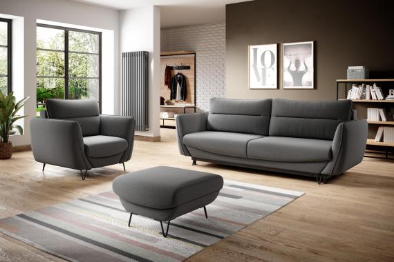 Foto CONJUNTO DE SOFÁ CAMA 3 PLAZAS I SILLÓN I PUFF I PATAS ALTAS SILVA GRIS OSCURO