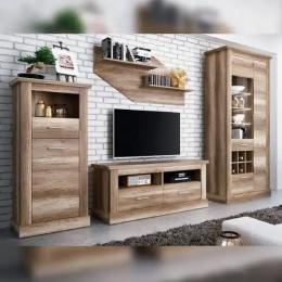 Living room set: bar cabinet, TV stand, display cabinet and shelf, wood-effect, 297 cm – Chellen