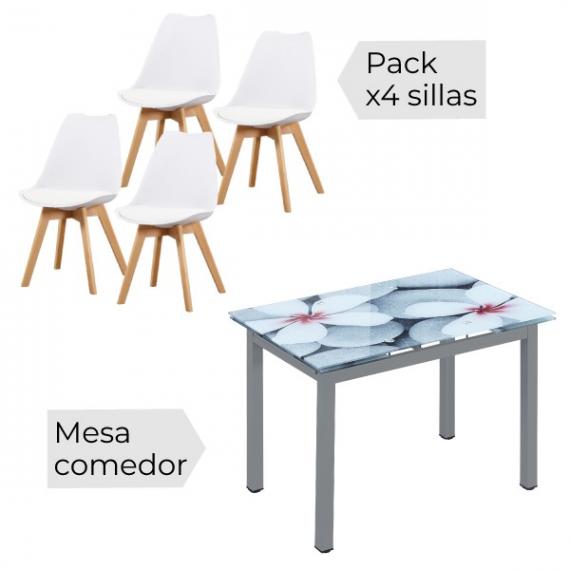 Foto CONJUNTO MESA FLORES FIJA + 4 SILLAS FINA BLANCAS