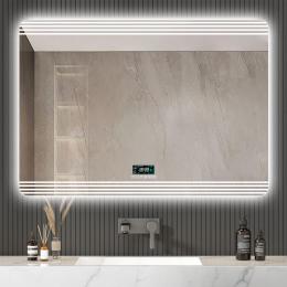 espejo de baño LED 90x50 cm con Bluetooth, antivaho y reloj digital – retroiluminado táctil moderno