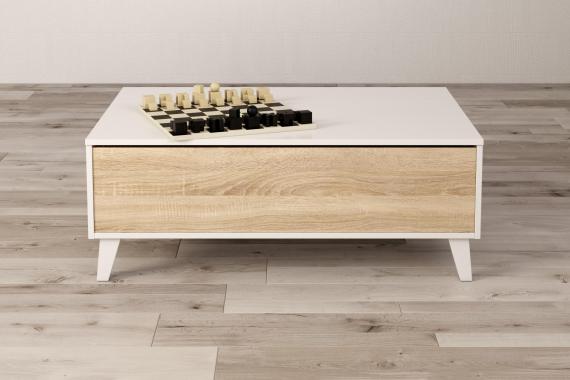 Foto MESA CENTRO ELEVABLE REF: 0F6633BO STYLUS PLUS BLANCO BRILLO/ROBLE CANADIAN
