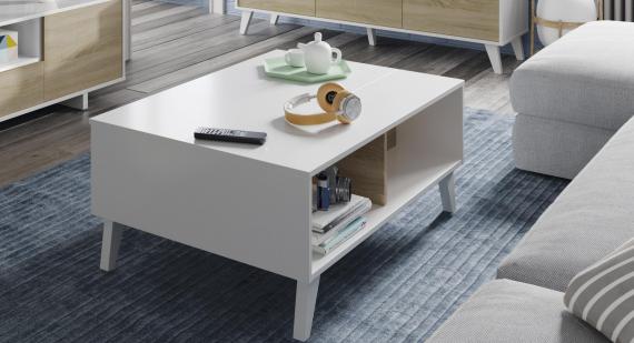 Foto MESA CENTRO ELEVABLE REF: 0F6633BO STYLUS PLUS BLANCO BRILLO/ROBLE CANADIAN