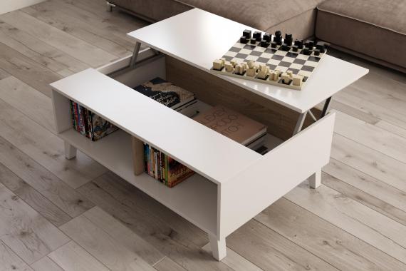 Foto MESA CENTRO ELEVABLE REF: 0F6633BO STYLUS PLUS BLANCO BRILLO/ROBLE CANADIAN
