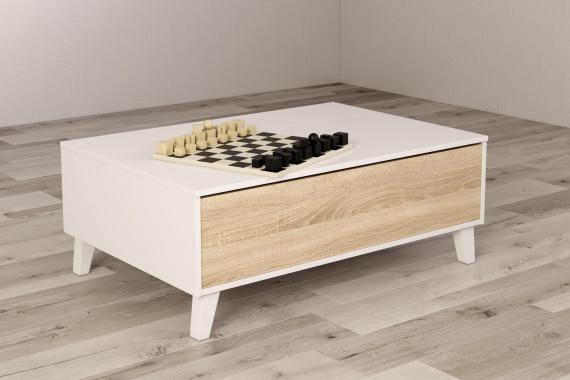 Foto MESA CENTRO ELEVABLE REF: 0F6633BO STYLUS PLUS BLANCO BRILLO/ROBLE CANADIAN
