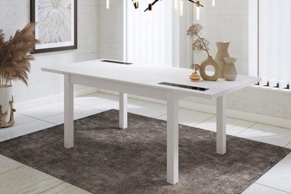 Photo Extendable rectangular table 140–180 x 90 cm with 2 decorative glass panels - Lara, white