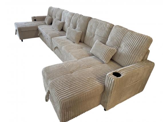 Photo U-Shaped Sofa Bed in Corduroy Fabric 400x135 cm with 2 Integrated Storage Compartments, Cup Holders, and USB Type-C Ports - Costa U LUX LIGHT GRAY