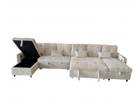Photo U-Shaped Sofa Bed in Corduroy Fabric 400x135 cm with 2 Integrated Storage Compartments, Cup Holders, and USB Type-C Ports - Costa U LUX LIGHT GRAY