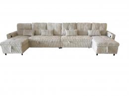 Sofá Cama en U de Tela de Pana 400x135 cm con 2 Arcones Portavasos Integrados USB Tipo-C - Costa U LUX GRIS CLARO