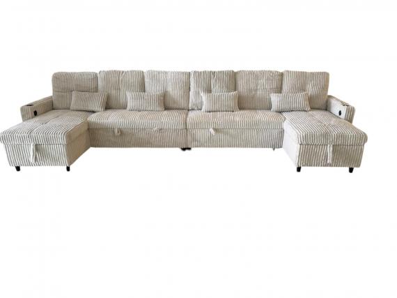 Photo U-Shaped Sofa Bed in Corduroy Fabric 400x135 cm with 2 Integrated Storage Compartments, Cup Holders, and USB Type-C Ports - Costa U LUX LIGHT GRAY
