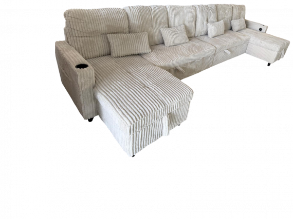 Photo U-Shaped Sofa Bed in Corduroy Fabric 400x135 cm with 2 Integrated Storage Compartments, Cup Holders, and USB Type-C Ports - Costa U LUX LIGHT GRAY