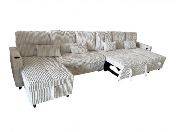 Photo U-Shaped Sofa Bed in Corduroy Fabric 400x135 cm with 2 Integrated Storage Compartments, Cup Holders, and USB Type-C Ports - Costa U LUX LIGHT GRAY