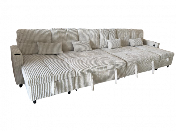 Photo U-Shaped Sofa Bed in Corduroy Fabric 400x135 cm with 2 Integrated Storage Compartments, Cup Holders, and USB Type-C Ports - Costa U LUX LIGHT GRAY