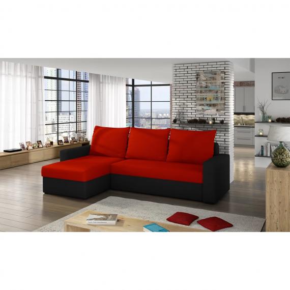 Foto SOFÁ DE ESQUINA CON CAMA Y ARCÓN 237 CM X 150 CM ROJO/NEGRO TELA LIVIO