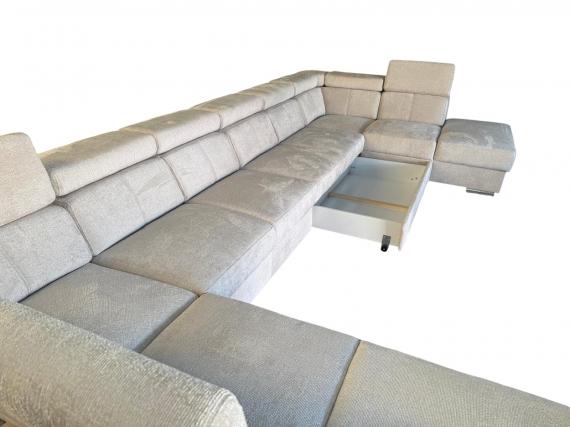 Photo U-shaped sofa with pull-out bed and reclining headrests + storage box, 10-seater, Beige, 455x262x220 - ANGELA