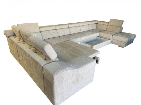 Photo U-shaped sofa with pull-out bed and reclining headrests + storage box, 10-seater, Beige, 455x262x220 - ANGELA