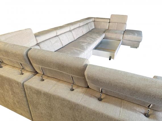 Photo U-shaped sofa with pull-out bed and reclining headrests + storage box, 10-seater, Beige, 455x262x220 - ANGELA