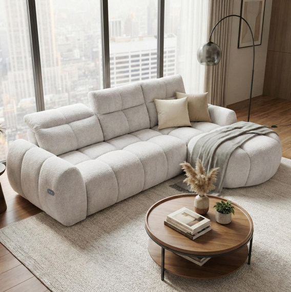 Foto SOFÁ CHAISE LONGUE ELÉCTRICO DE DISEÑO MODERNO 275 CM X 190 CM SORENA L CREMA